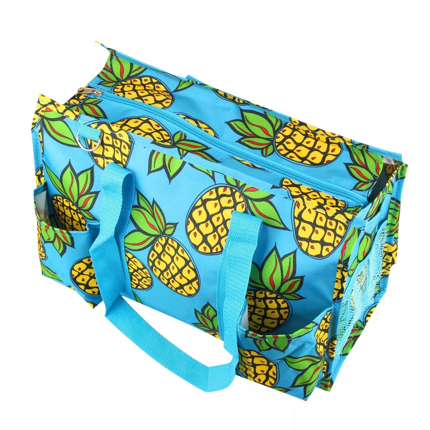 Blue Tropical Pineapple Utility Tote – Zip - Top 7 - Pocket Organizer - Style For You
