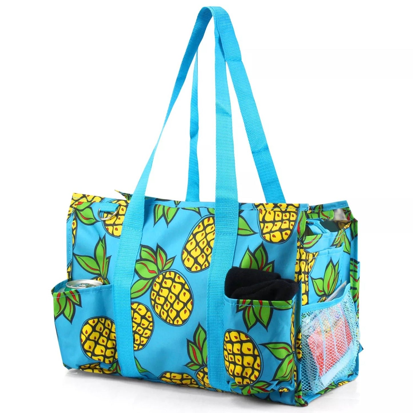 Blue Tropical Pineapple Utility Tote – Zip - Top 7 - Pocket Organizer - Style For You