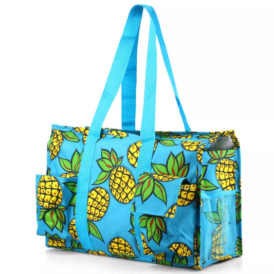 Blue Tropical Pineapple Utility Tote – Zip - Top 7 - Pocket Organizer - Style For You