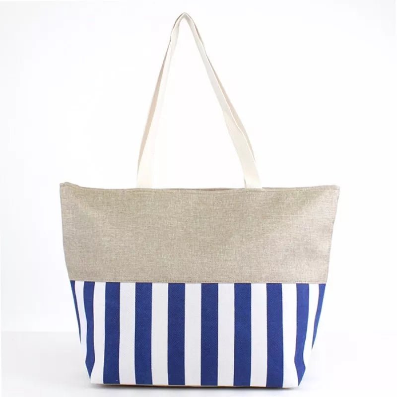 Large Stripe Tote Bag Fashion Burlap Zipper Top Canvas Shoulder Print Beach Bag - Style For You