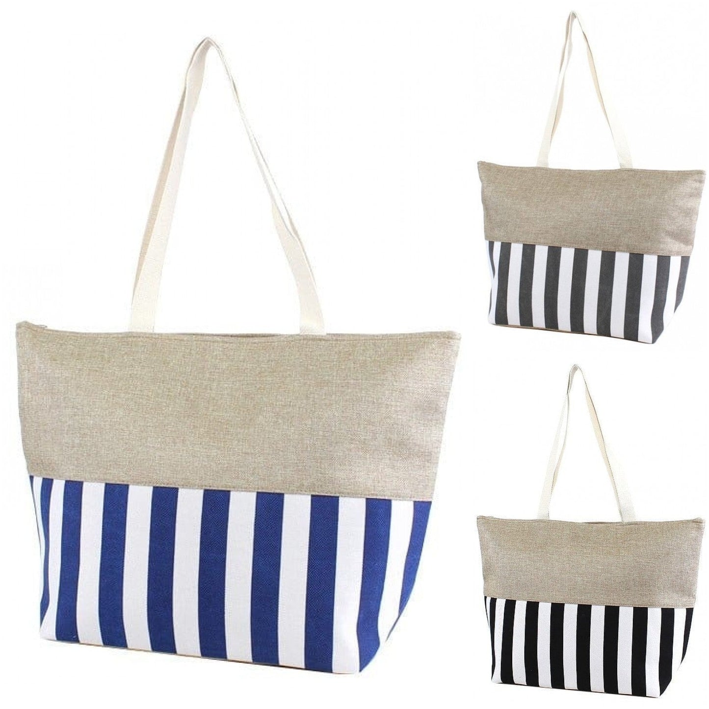 Large Stripe Tote Bag Fashion Burlap Zipper Top Canvas Shoulder Print Beach Bag - Style For You