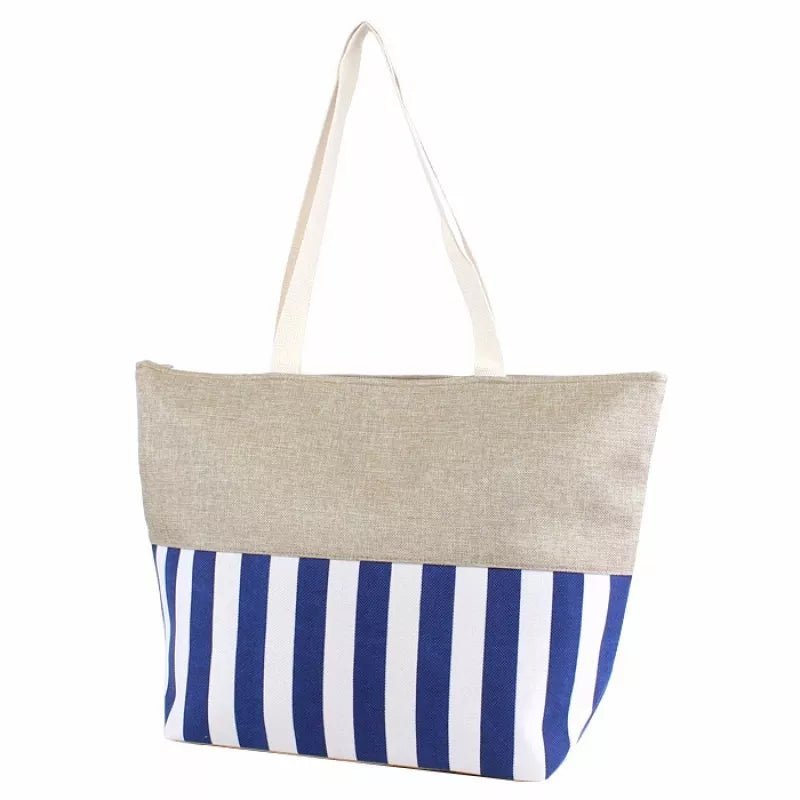 Large Stripe Tote Bag Fashion Burlap Zipper Top Canvas Shoulder Print Beach Bag - Style For You