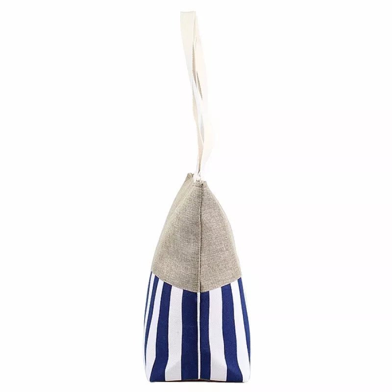 Large Stripe Tote Bag Fashion Burlap Zipper Top Canvas Shoulder Print Beach Bag - Style For You