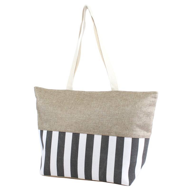 Large Stripe Tote Bag Fashion Burlap Zipper Top Canvas Shoulder Print Beach Bag - Style For You