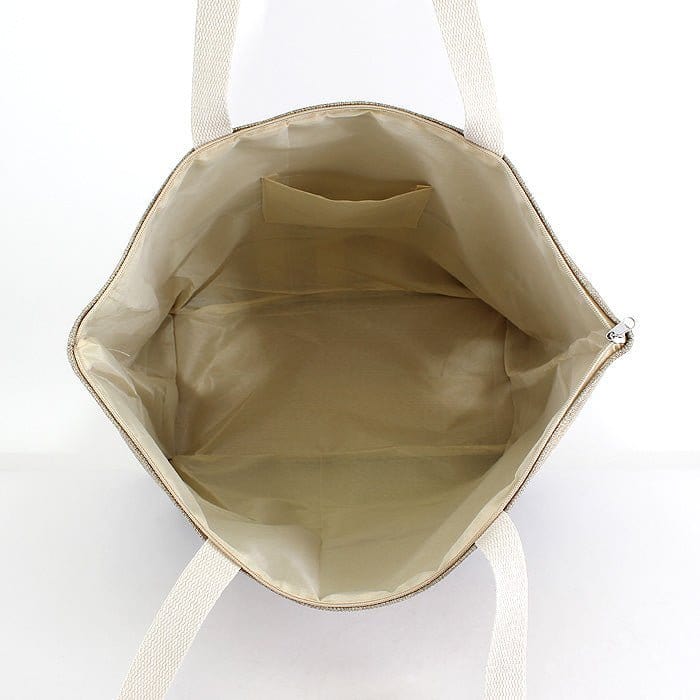 Large Stripe Tote Bag Fashion Burlap Zipper Top Canvas Shoulder Print Beach Bag - Style For You