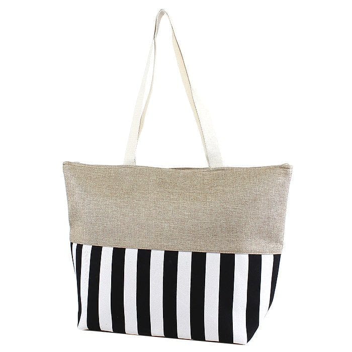 Large Stripe Tote Bag Fashion Burlap Zipper Top Canvas Shoulder Print Beach Bag - Style For You