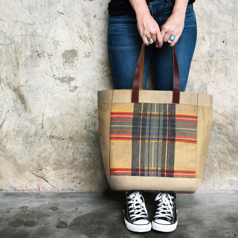 Large Tartan Plaid Jute Tote Bag Fall Winter Brown Flannel Shoulder Vintage Bag - Style For You