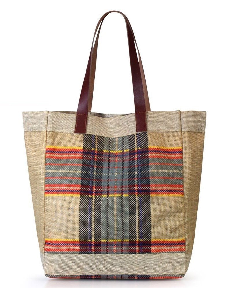Large Tartan Plaid Jute Tote Bag Fall Winter Brown Flannel Shoulder Vintage Bag - Style For You