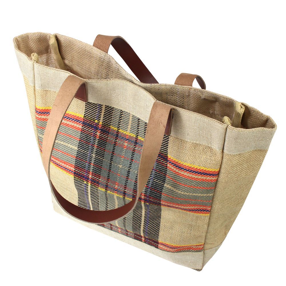 Large Tartan Plaid Jute Tote Bag Fall Winter Brown Flannel Shoulder Vintage Bag - Style For You