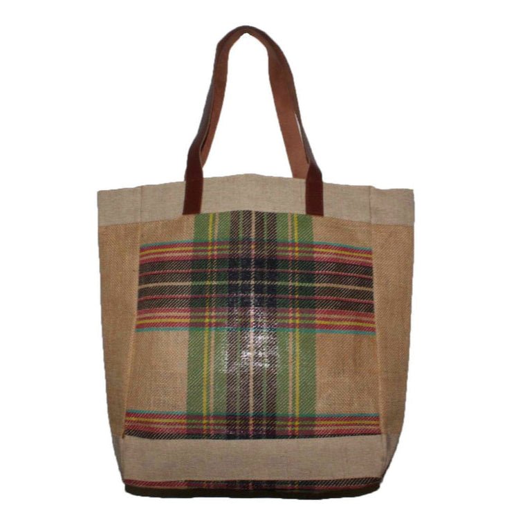 Large Tartan Plaid Jute Tote Bag Fall Winter Brown Flannel Shoulder Vintage Bag - Style For You